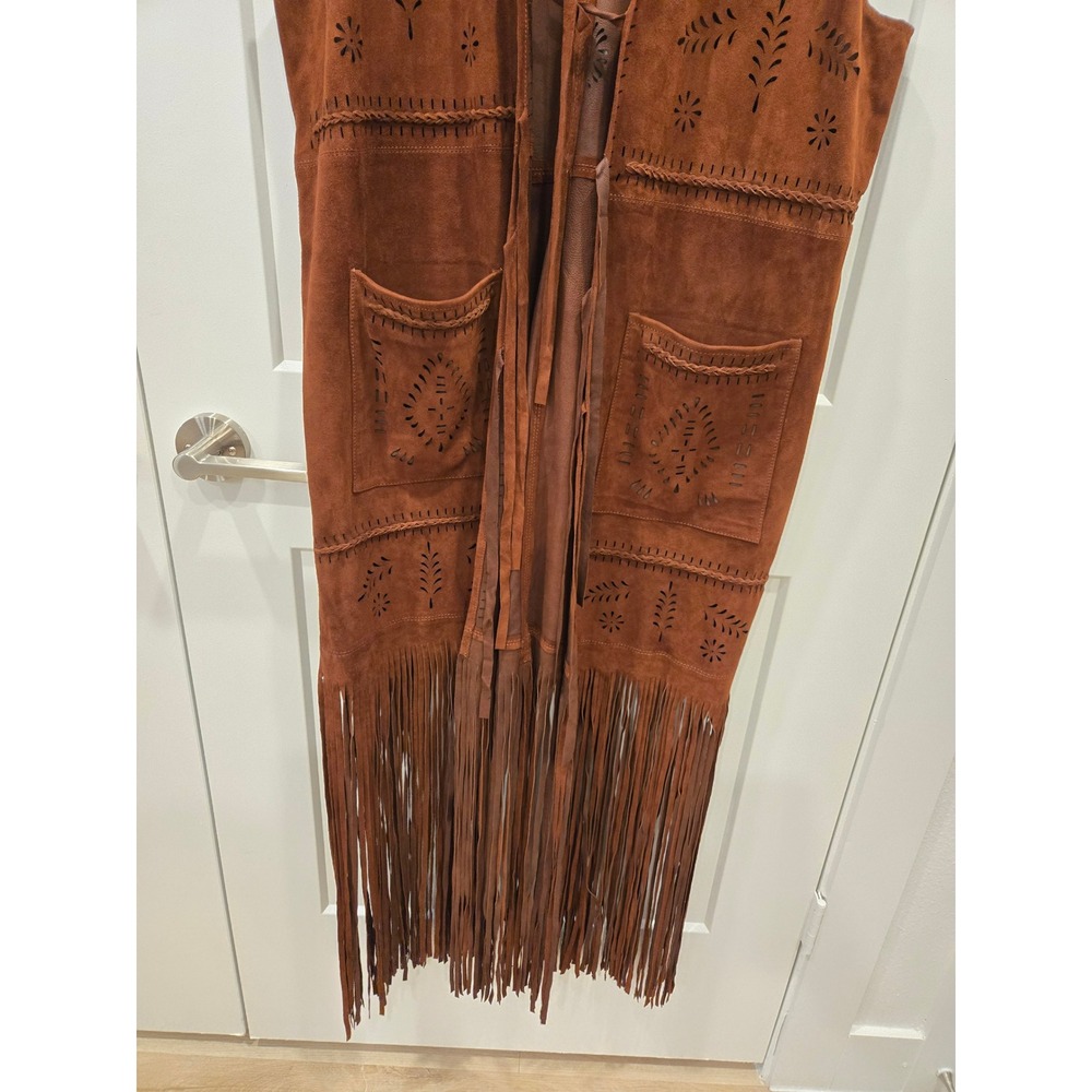 Sundance Brown Leather Suede Boho Fringe Duster Vest Laser Cut Floral Large - Picture 4 of 12